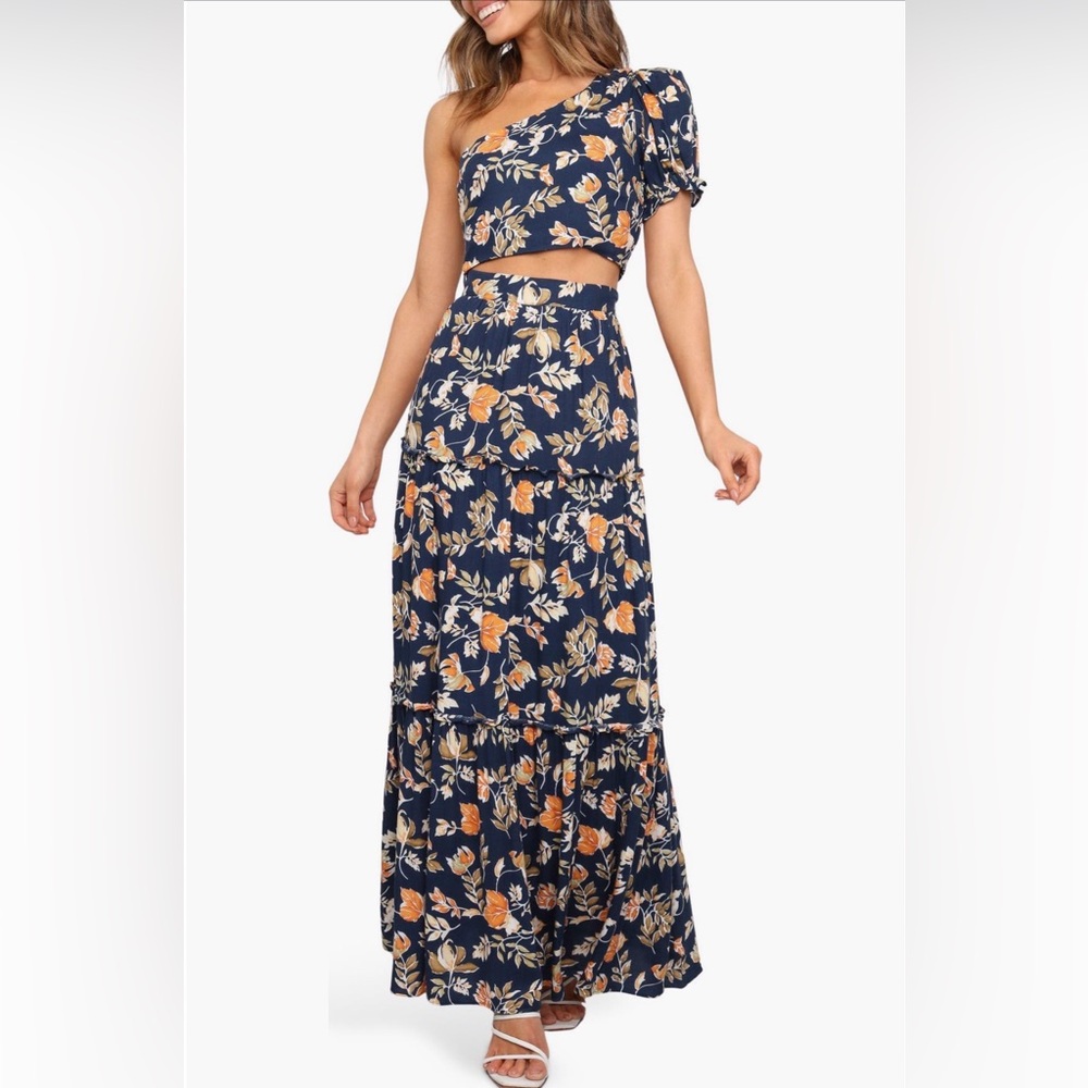 Petal & Pup Navy Floral One-Shoulder Crop Top and Tiered Maxi Skirt Set